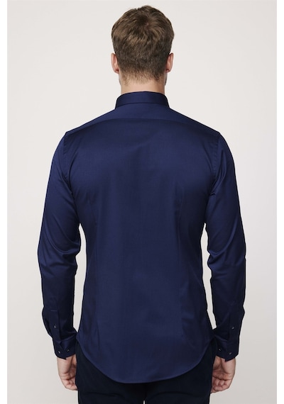 Tudors Slim Fit Likralı Düz Pamuk Saten Erkek Lacivert Gömlek-27442-lacivert Lacivert