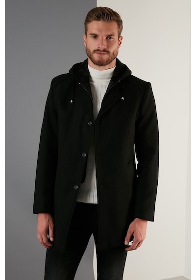 Buratti Çıkarılabilir Kapüşonlu Kırçıllı Slim Fit Kaşe Erkek Kaban 5841013 Siyah