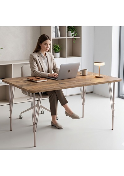 Modern Ahşap Desenli 6 Kişilik Yemek Masası 119x89 Cm Sabit Metal Ayaklı Sağlam Mutfak Masası, Çalışma Masası, Balkon Masası Atlantik - Çam