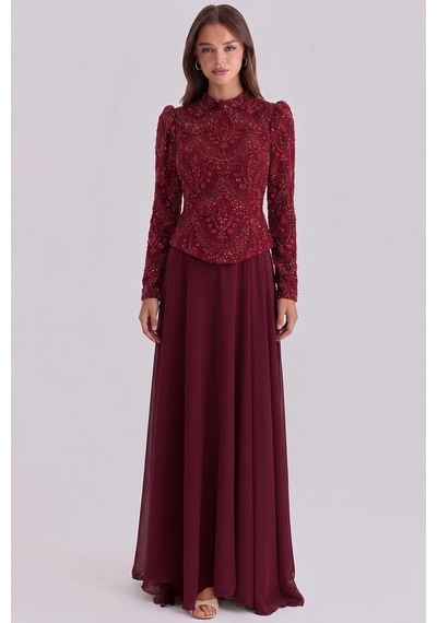 Olcay Boncuk Desenli Şifon Kombinli Exclusive Tesettür Abiye Elbise Bordo 1089