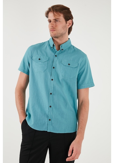 Buratti Düğmeli Yaka Pamuklu Slim Fit Cepli Erkek Gömlek Cf21S111153 Petrol
