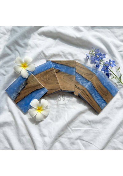 Ceviz & Turkuaz River Epoksi Bardak Altlığı Seti 6 Lı, El Yapımı Ceviz Ahşap, 12x12 Cm, Modern & Şık Tasarım Turkuaz