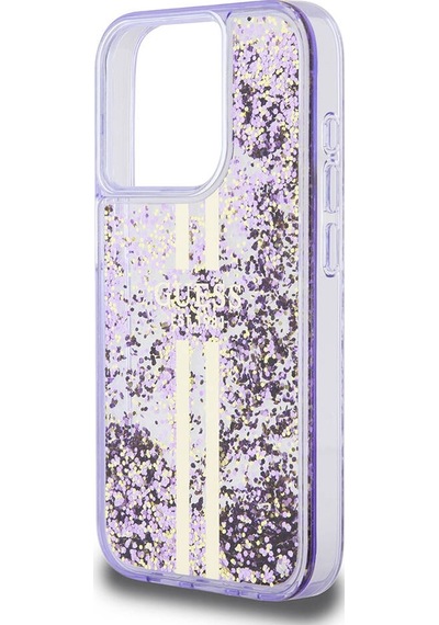 Apple Uyumlu iPhone 15 Pro Kılıf Guess Lisanslı Transparan Sıvılı Simli Altın Çizgili Kapak Mor