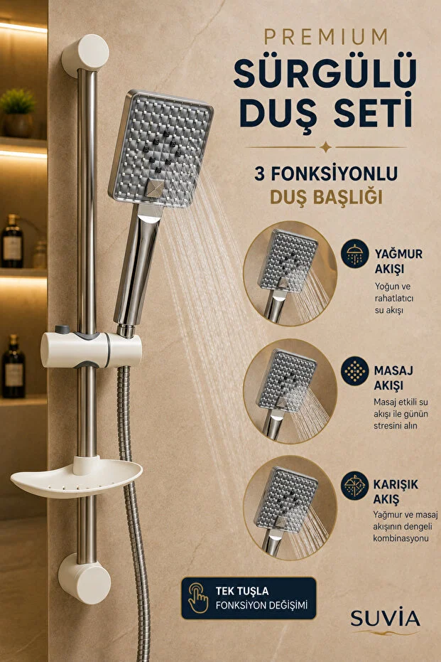 Sürgülü Duş Seti 3 Fonksiyonlu Başlık 150 Cm Hortum Duş Sistemi Beyaz - Mavi