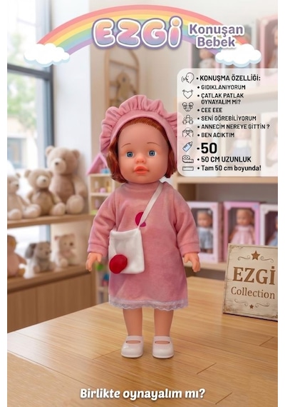 50cm Türkçe Konuşan Oyuncak Ezgi Bebek Kafası Kolları Ve Bacakları Et Bebek Gövdesi Sert Plastik Pembe