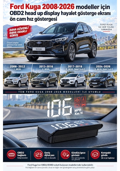 Ford Kuga 2008-2026 Modeller İçin Obd2 Head Up Display Hayalet Gösterge Ekranı Ön Cam Hız Göstergesi