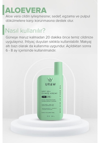 Uraw Aloe Vera Kuru Atopik Ciltlere Özel Doku Yenileyici Güneş Kremi SPF50+ 50 ML