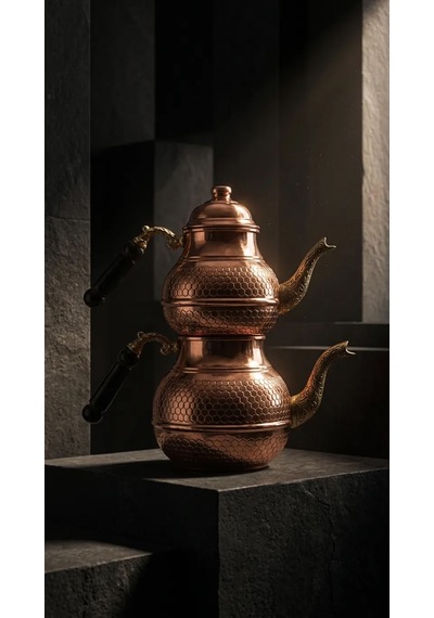 Aura Copper El İşlemeli Bakır Çaydanlık Seti 1 Mm Üst 850-950 Ml Alt 1850-1950 Ml 27 Cm Eskitme Bakır