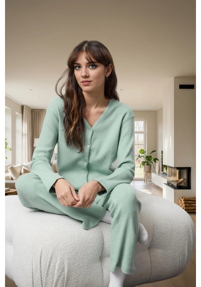 Ersefa Rahat Pijama Takımı Pamuklu Kaşkorse Örme Hırka Ve Pantolon Mükem Mint