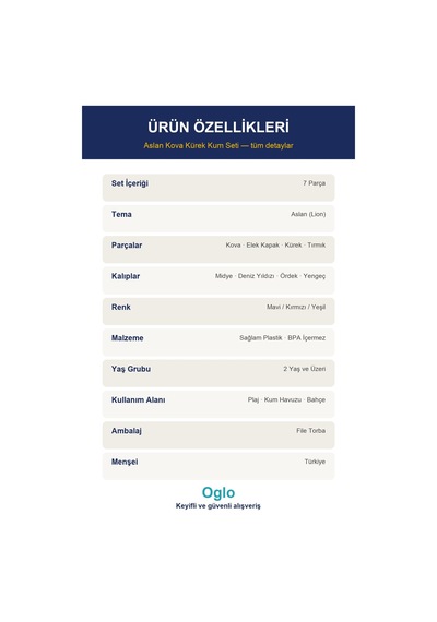 Aslan Figürlü Kova Kürek Seti 7 Parça Plaj Kum Oyuncağı, Kalıplı Deniz Kumu Seti 3+ Yaş