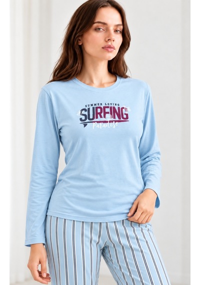 Nisanca Kadın Premium Modal Penye Pijama Takımı %100 Pamuk Soft Yumuşak Dokulu Uzun Kollu Baskılı Desenli Alt Üst 2'li mavi
