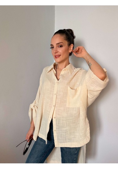 Ali Butik Krem Fakir Kol Oversize Keten Gömlek Krem
