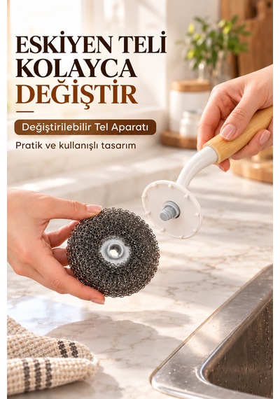 Porsima Bambu Saplı 2'li Bulaşık Ve Lavabo Temizlik Seti - Değiştirilebilir Paslanmaz Tel Bulaşık Fırçası & Çok Amaçlı Yıkama Fırçası Beyaz