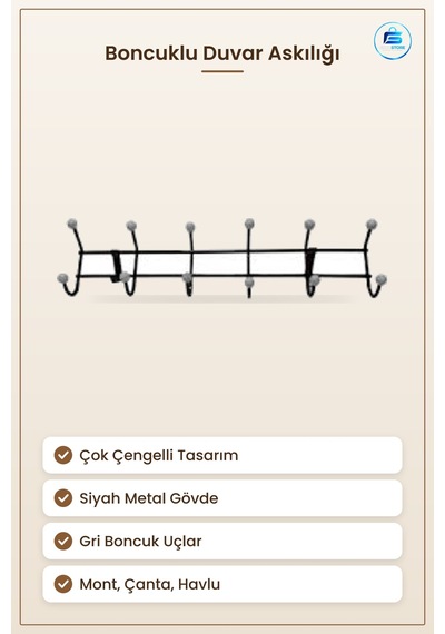 Askılık Siyah Metal Boncuklu Duvar Tipi Mont Havlu Çanta Elbise A Çok Renkli