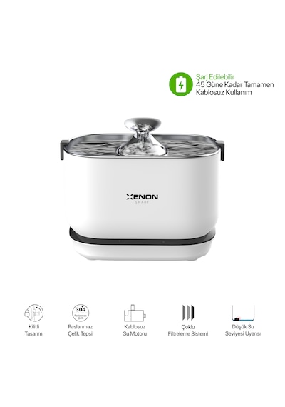 Xenon Smart Kedi Su Pınarı | Bataryalı, Çelik Su Tepsili, Kablosuz, Sensörlü, 5200 mAh, 2.5Lt, Su Çeşmesi (X8652)