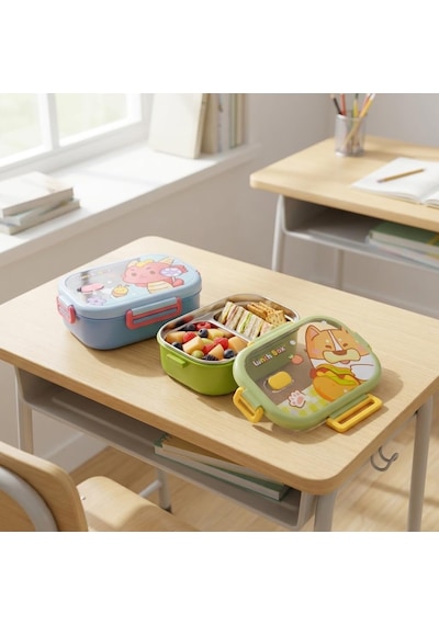 Paslanmaz Çelik 2 Bölmeli Kilitli Yemek Kabı, 850 Ml Renkli Desenli Lunch Box, Çelik İç Hazneli Saklama Ve Taşıma Kabı Çok Renkli