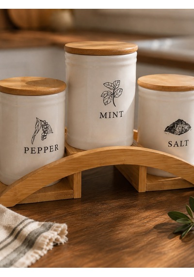 Bambu Standlı 3 Lü Baharatlık Seti Salt, Pepper & Mint Beyaz