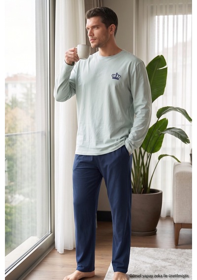 Siyah İnci Nakışlı Pamuklu Likralı Örme Pijama Takım 26241801 Yeşil