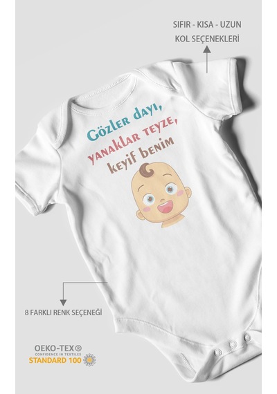 Gözler Dayı Yanaklar Teyze,keyif Benim Baskılı Bebek Zıbını Çıtçıtlı Body %100 Pamuk Kısa Kol Beyaz