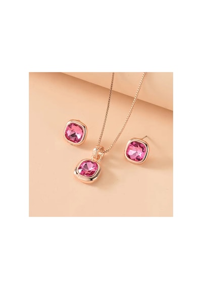 Joyra - Rose Gold Pembe Taşlı Geometrik Şık Tasarım Kolye Ve Küpe Takı Seti