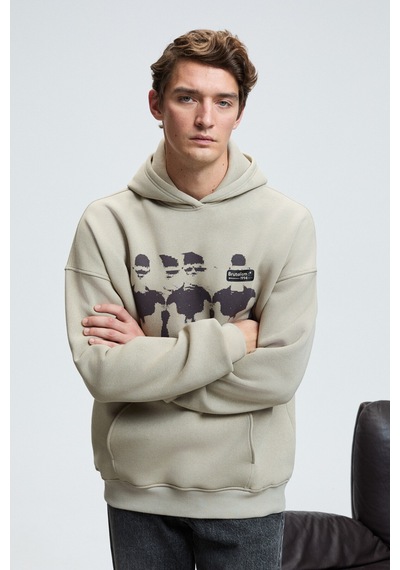 Grimelange ARMAND Erkek Kapüşonlu Kanguru Cepli Önü Baskılı Oversize Taş Rengi Sweatshirt