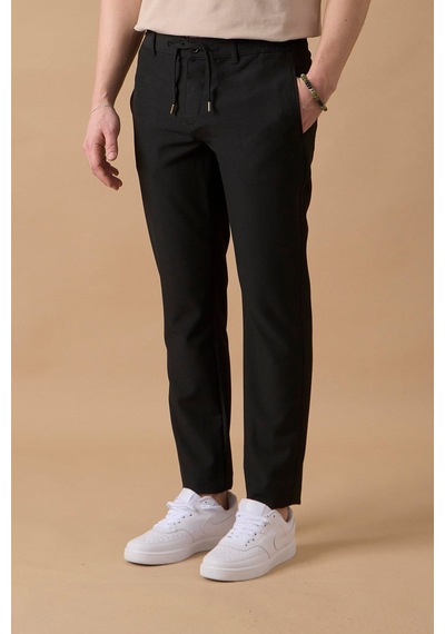Braccas Erkek Slim Fit Beli Bağlamalı Dokulu Siyah Pantolon Siyah