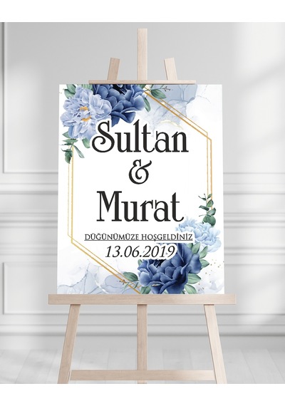 Söz Nişan Düğün İçin 50x70 Karşılama Panosu - Mavi Çiçek Ve Yaprak Tasarımlı Beyaz