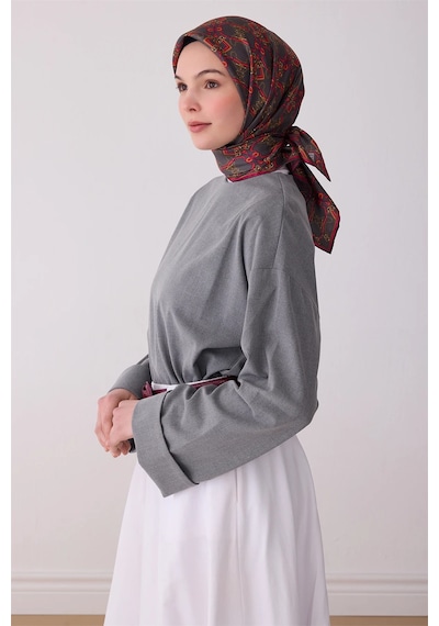 Klasik Desen İpek Twill Eşarp - 2026 İlkbahar-yaz T 4328 Füme