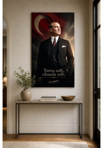 Atatürk Ve Türk Bayrağı Baskılı Cam Tablo Yurtta Sulh Uv Dekoratif Duvar Tablosu