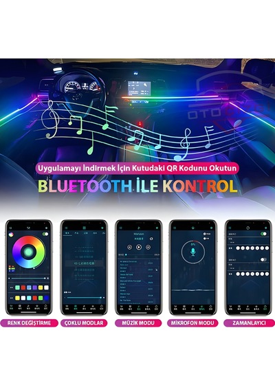 18 Parça Araç İçi Rgb Kayar Led Aydınlatma Torpido, Ayak Altı, Kapı Kenarı Ve Kapı Kolu Ambiyans Işık Seti