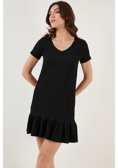 Lela Regular Fit Fırfırlı V Yaka Bürümcük Mini Bayan Elbise 5865071 Siyah