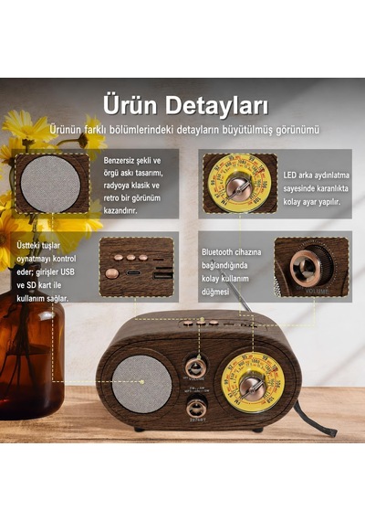 Bluetooth Fm/am/sw Retro Radyo 1200 Mah Tf Kart Usb Ns-803a Çok renkli