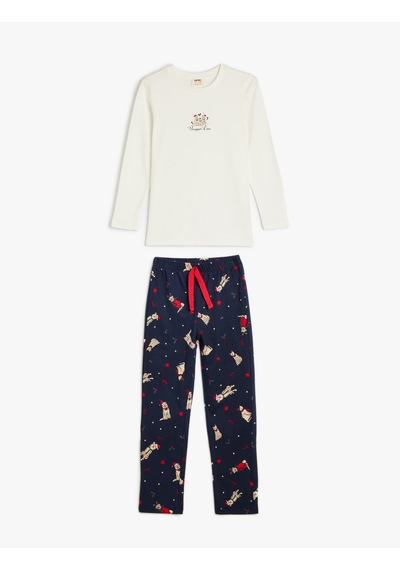 Koton Uzun Kollu Yılbaşı Baskılı Pamuklu Pijama Takımı Mavi Desenli 5wlk40298mk Mavi Desenli Mavi