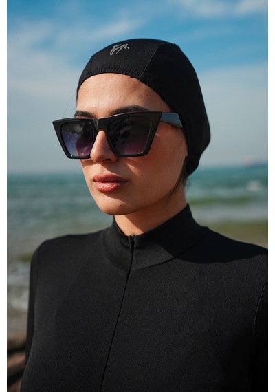 Gugus Kadın Fermuarlı Uzun Tulum Deniz/havuz Tesetür Mayosu Siyah