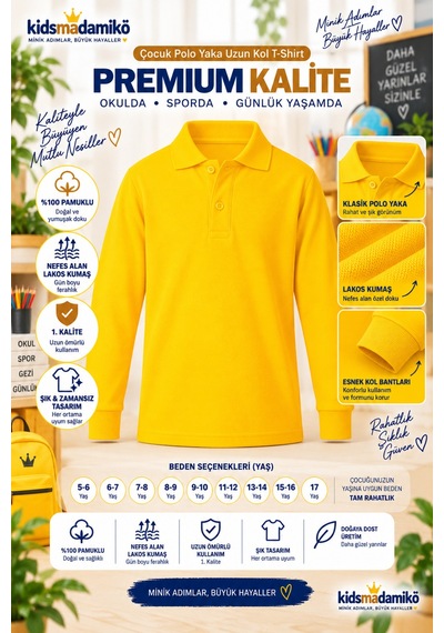 Kidsmadamiko Erkek Çocuk Uzun Kollu T-shirt Polo Yaka Pamuklu Bedenler Sarı