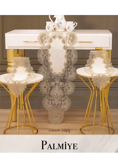 Krem-kapiçino Palmiye Model 5 Parça Keten Masa Örtüsü Runner Seti Modern
