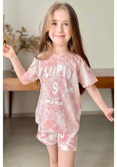 Riccotarz Kız Çocuk Florida Yazı Baskılı Penye T-shirt Pudra Şortlu Takım Pudra