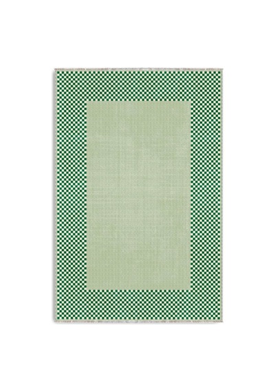 Retro Yeşil Krem Kare Desenli Saçaklı Dekoratif Halı 3047-1
