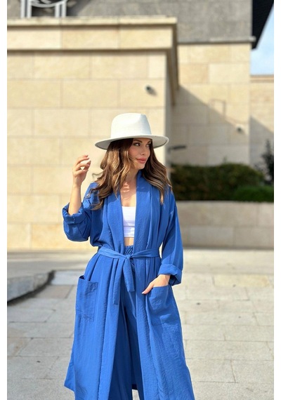WeShaya Kadın İndigo Çift Cepli Uzun Kimono & Bol Paça Pantolon - Salaş Alt & Üst Takım Indigo