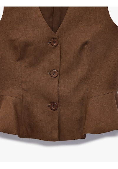 Koton V Yaka Düğmeli Peplum Keten Yelek Kahverengi 6sak20102pw Kahve