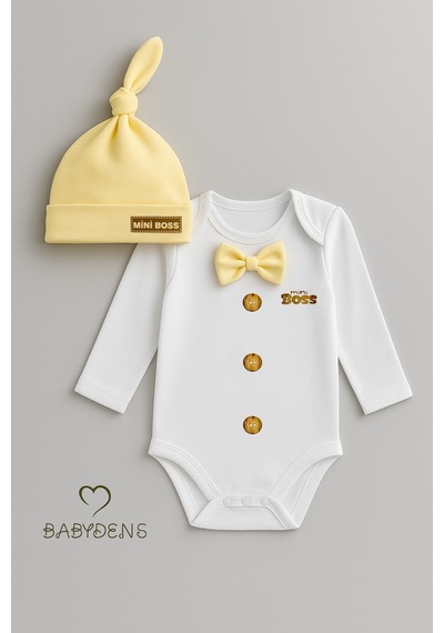 Babyden's Mini Boss Papyonlu Erkek Bebek Body Seti Şapkalı Yenidoğan Bebek Body-zıbın Takım Sarı