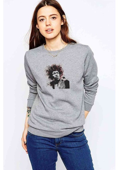 Jimi Hendrix Baskılı Gri Kadın Sweatshirt (528252920)