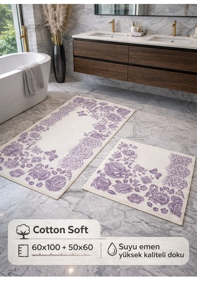 Cotton Soft -lila Beyaz- 2li Banyo Seti, Paspas Takımı Lila - Beyaz