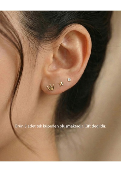 Taç Yıldız Nokta Kombin 14 Ayar Altın Küpe