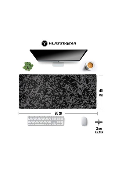 Klasse Pro - 10 Farklı Model Dikişli Kenar 90x40 Cm Oyuncu Gaming Mouse Pad Black Map Lines, 90x40 Cm
