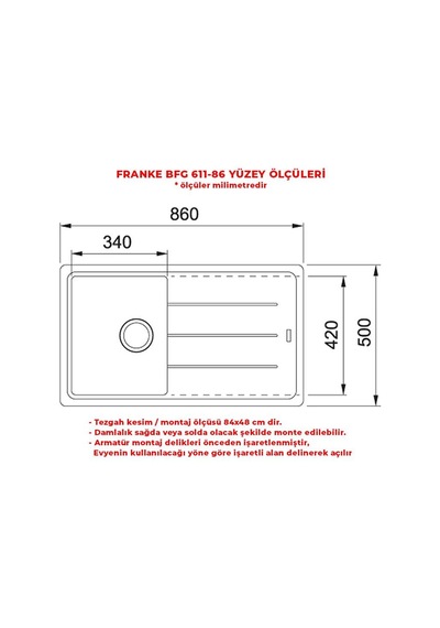 Franke Basis Bfg 611-86 Granit Eviye. Bianco. Tek Hazneli. Damlalıklı. 86 x 50 CM