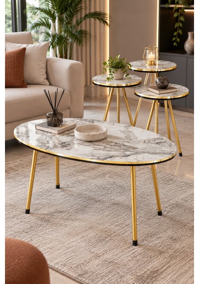 Sulorahome Beyaz Mermer Desenli Ve Gold Metal Ayaklı 4'lü Sehpa Seti Beyaz Mermer - Altın Sulorahome Beyaz Mermer Desenli Ve Gold Metal Ayaklı 4'lü Sehpa Seti Beyaz Mermer - Altın