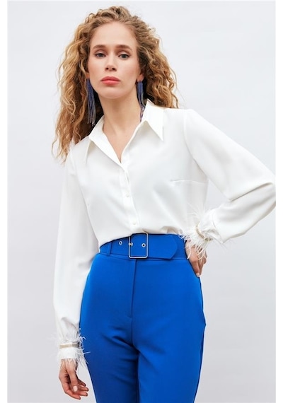 Sateen Manşeti Tüy Detaylı Bayan Gömlek 3075-2023 001
