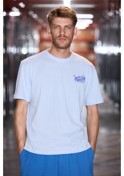 Grımelange Roomy Erkek %100 Organik Pamuklu Yuvarlak Yakalı Baskı Detaylı Comfort Fit Mavi T-shirt