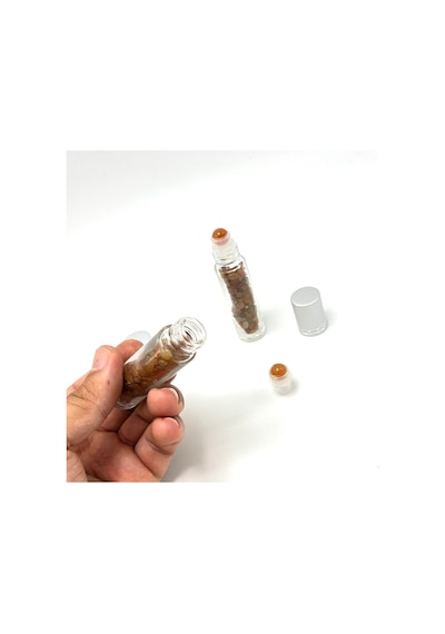 Yıldız Doğal Taş Sertifikalı Turuncu Akik Doğal Taş Esans Şişesi + Roller Masaj Aleti 10 ML